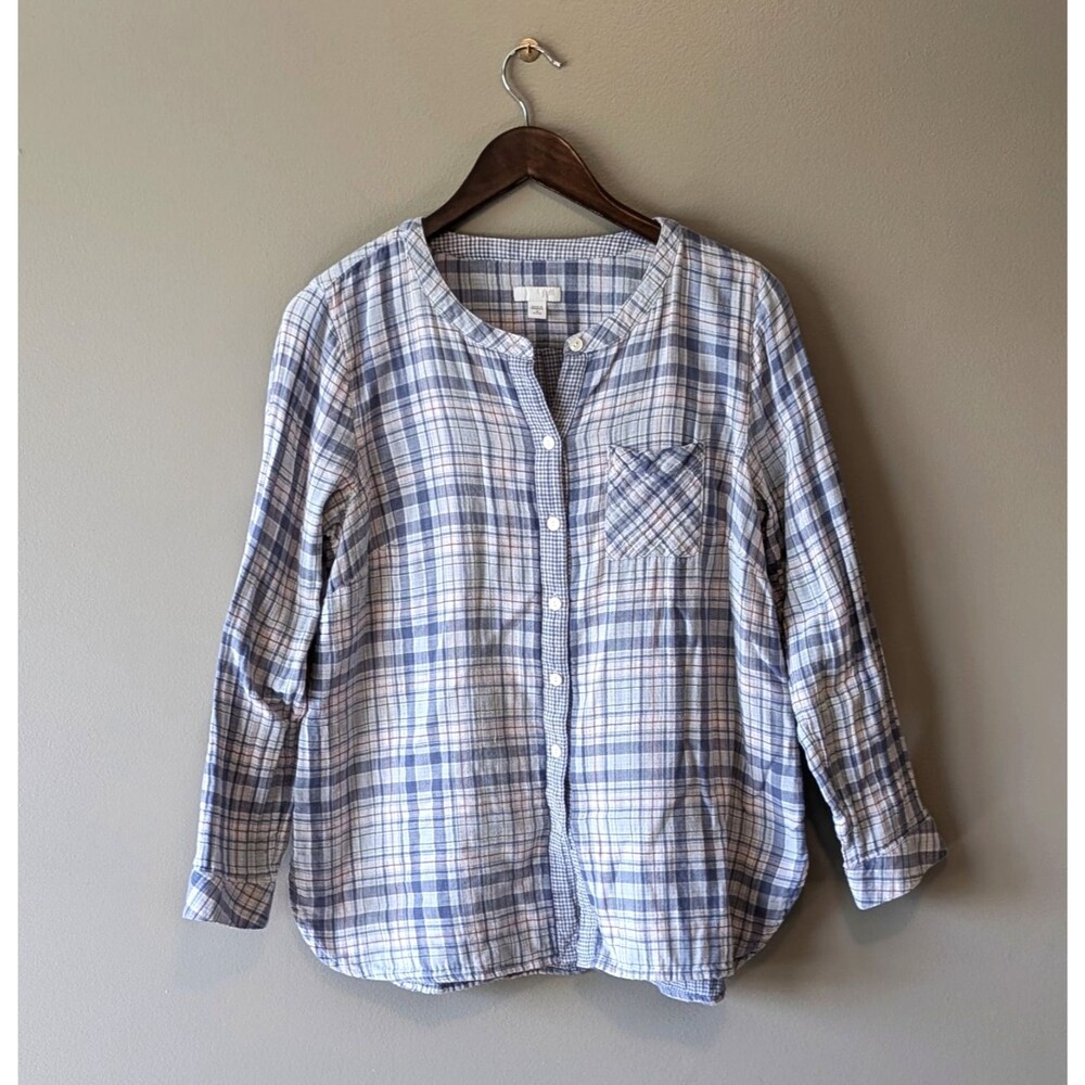 J.Jill Womens PM Petite Medium Blue Plaid Cotton Double Layer Collarless Blouse